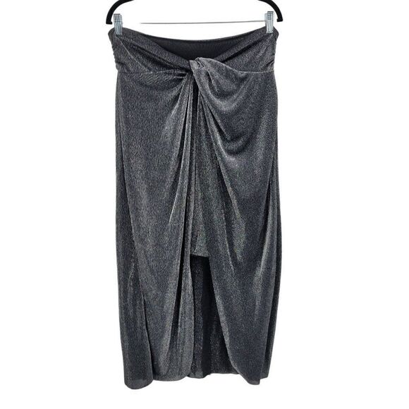 ALLSAINTS  Metallic Sami Hi-lo Mini Midi Skirt 12 Gunmetal Wrap Knot Night Out - Picture 16 of 16